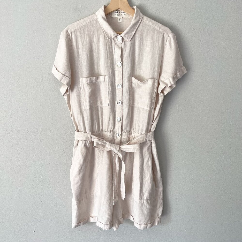 Cloth & Stone for Anthropologie Safari Linen Romper Women's L Button Up Beige